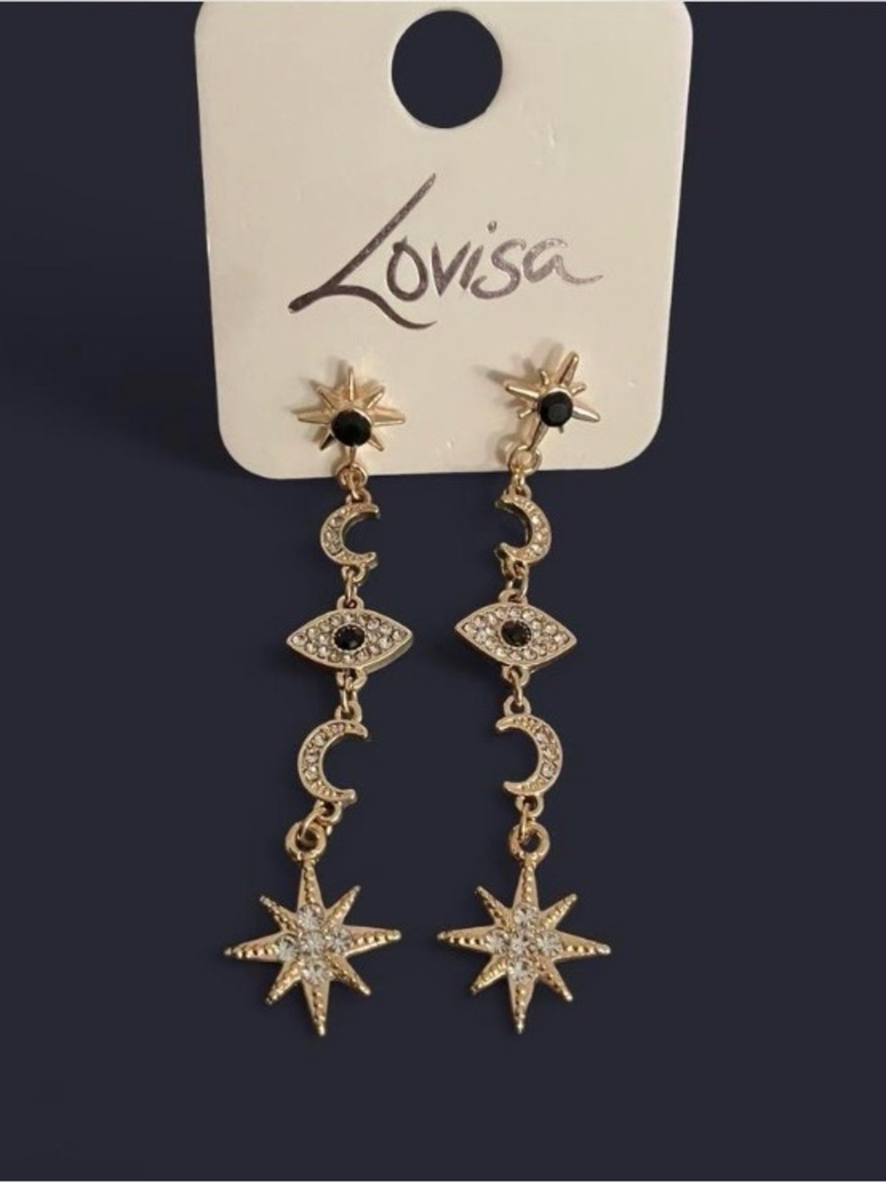 Festival vibes,Gold Star & Eye Dangle Earrings with Black Accents
